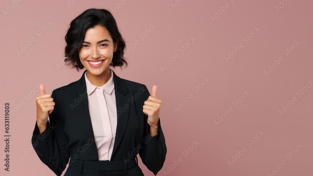 Successful businesswoman in the office is satisfied with the results of the achievement, thumbs up Successful businesswoman in the office is satisfied with the results of the achievement, thumbs up