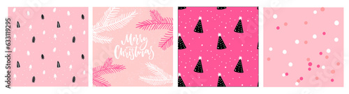 Cute pink Christmas patterns and card design set, simple minimalist doodle drawings of Christmas trees and branches. Gift wrapping paper vector repeat. © Anna Kutukova
