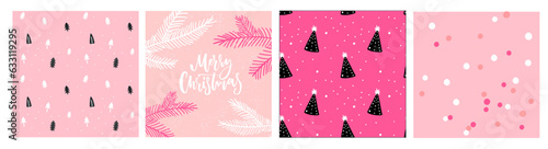 Cute pink Christmas patterns and card design set, simple minimalist doodle drawings of Christmas trees and branches. Gift wrapping paper vector repeat.