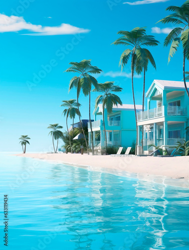 Tropical beach with palm trees and bungalows. 3d render