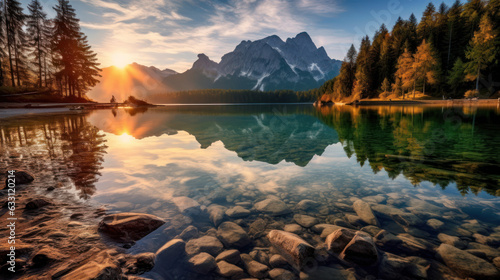 Majestic Sunrise: Lake Reflections and Mountain Splendor. Majestic Sunrise on the River. Peaceful Landscape. Generative AI photo