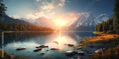 Majestic Sunrise  Lake Reflections and Mountain Splendor. Majestic Sunrise on the River. Peaceful Landscape. Generative AI