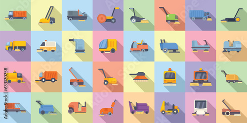 Sweeper icons set flat vector. Machine truck. Clean refuse