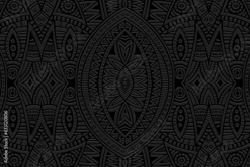 Embossed creative black background, cover design. Geometric 3D pattern, press paper, leather. Boho, handmade. Tribal color, ethnic motives of the East, Asia, India, Mexico, Aztec, Peru.