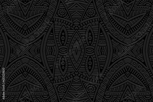 Embossed decorative black background, cover design. Geometric 3D pattern, press paper, leather. Boho, handmade. Tribal color, ethnic motives of the East, Asia, India, Mexico, Aztec, Peru.