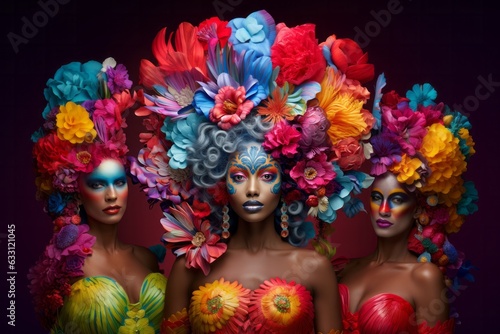 Beautiful stylish women in bright colourful carnival party costume on dark background. Dancing street festival concept