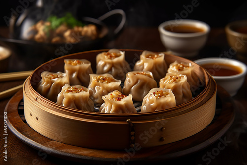 Shumai a type of tradisional Chinese dim sum served on a bamboo basket photo