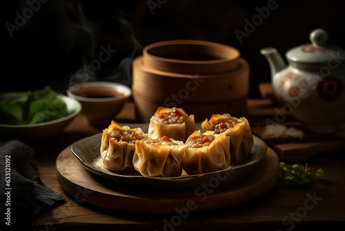 Shumai a type of traditional Chinese dim sum served on a wooden plate photo