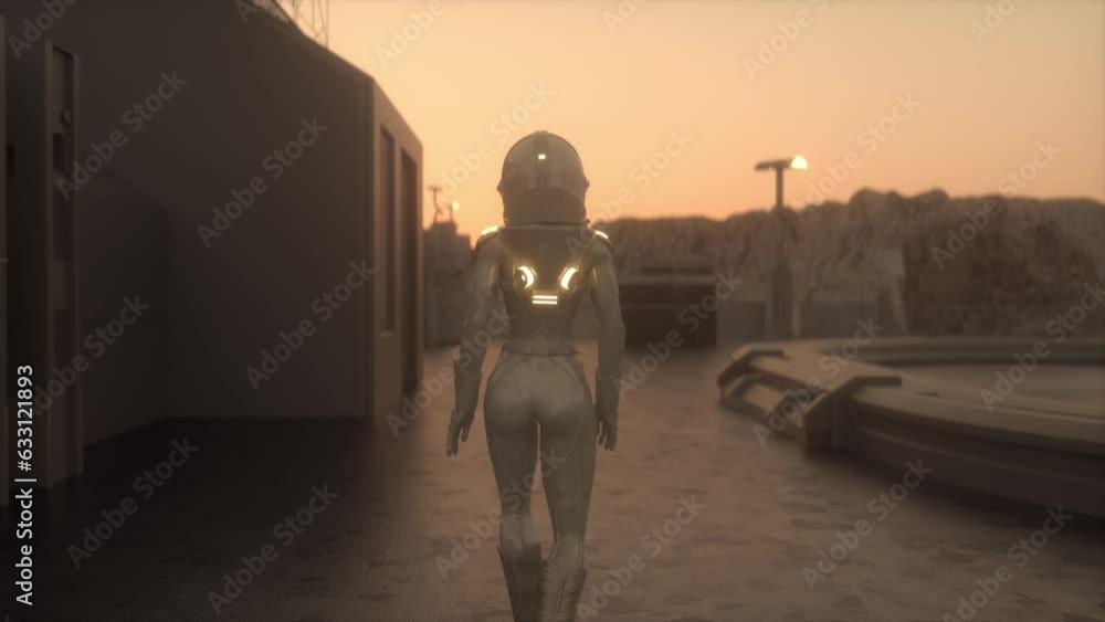 Astronaut in spacesuit walk toward research station, colony or scientific base on Mars. Space mission on red planet. Futuristic colonization and space exploration concept Astronaut in spacesuit walk toward research station, colony or scientific base on Mars. Space mission on red planet. Futuristic colonization and space exploration concept