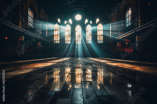 Glowing Light through Stained Glass Windows in a Dark Church