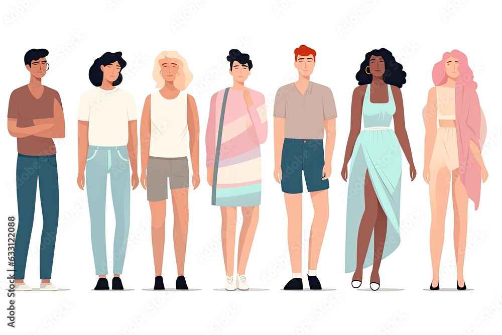 Fototapeta premium A line of people in casual clothing with different heights and body types in a modern style