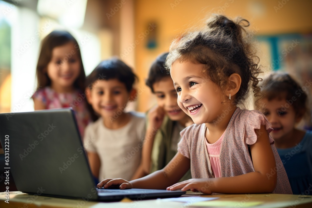 smiling kids back to school playing with laptop smiling kids back to school playing with laptop