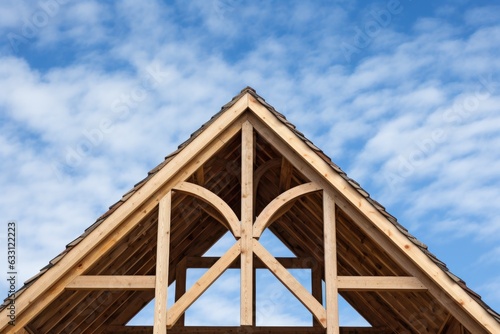 A detailed view of the gables roof on a newly constructed stick built home in Humble, Texas. The roof is made up of wooden trusses, with a post and beam framework, and it stands against a backdrop of