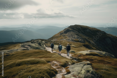 Three backpackers follow a dirt trail through a grassy mountain landscape.