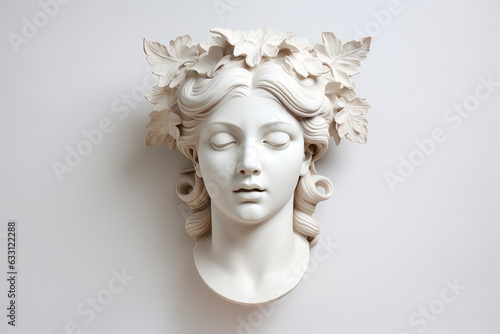 Antique roman greek white marble gypsum bust of woman with grape leaves in hair on light background. Culture history concept photo