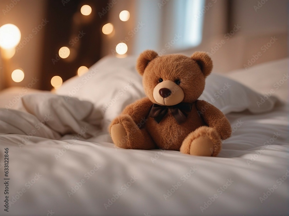 Teddy bear on a bed in a children's room