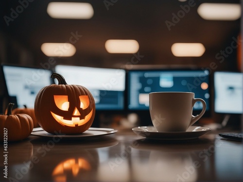 pumpkin for halloween on the desktop in the office. Computer, coffee cup