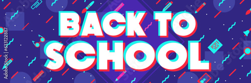 Back to school banner trendy typography with school supplies such us alarm, computer, pen, pencil, lens on blue background for social society, media, poster. vector 10 eps