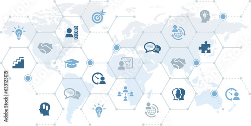 Human resources vector illustration. Blue concept with world map related to worldwide recruitment, gig economy, hr analytics, international hiring strategy, global workforce, career, talent management