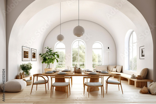 Big wood dining table and chairs in room with arched ceiling and windows. Scandinavian interior design of modern dining room.