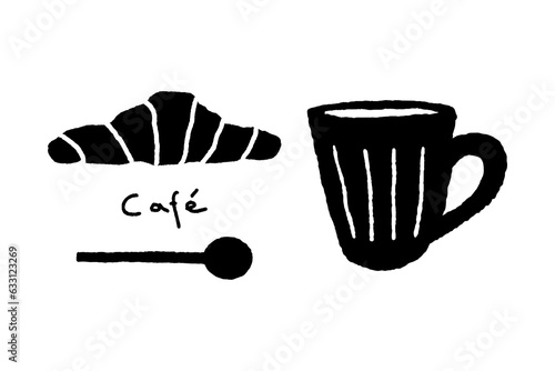 Cup, spoon and croissant hand drawn vector illustration isolated on white background. Cafe design elements