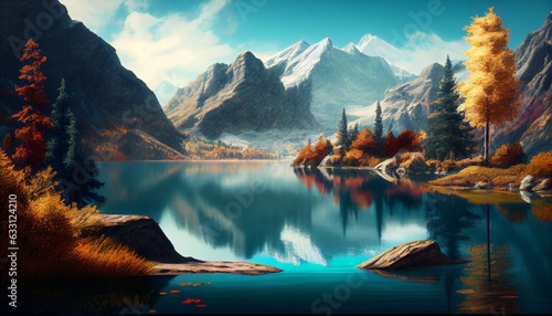 sunset in the mountains, Beautiful autumn mountain nature lake with blue sky. Generative in ai