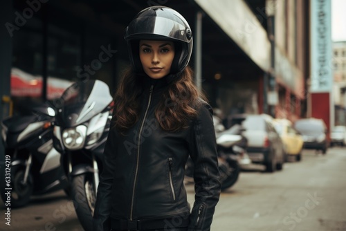 Young cool woman wearing motorcycle gear and helmet, AI Generated © dark_blade