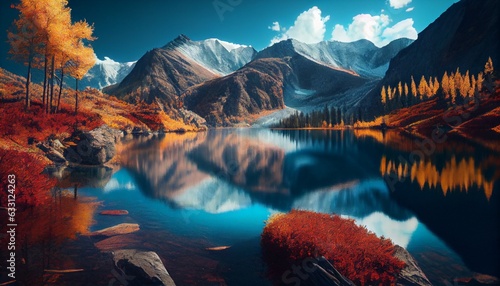 sunset in the mountains  Beautiful autumn mountain nature lake with blue sky. Generative in ai