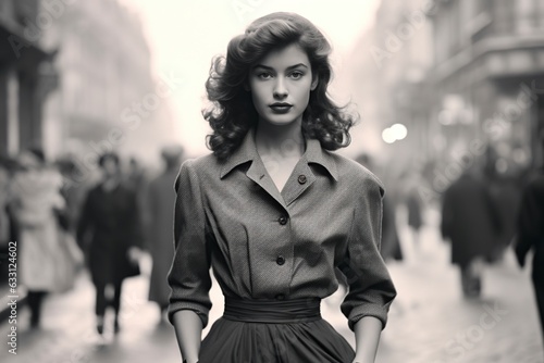 Fotografiet woman walking in Paris in 1950 monochromatic vintage