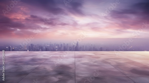 Fényképezés Empty marble floor with cityscape and skyline in purple cloud sky created with G