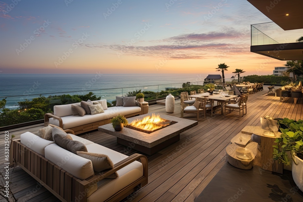 Obraz premium A high end residence features a deck with a picturesque ocean view, complete with a fireplace, hot tub, and outdoor furniture.