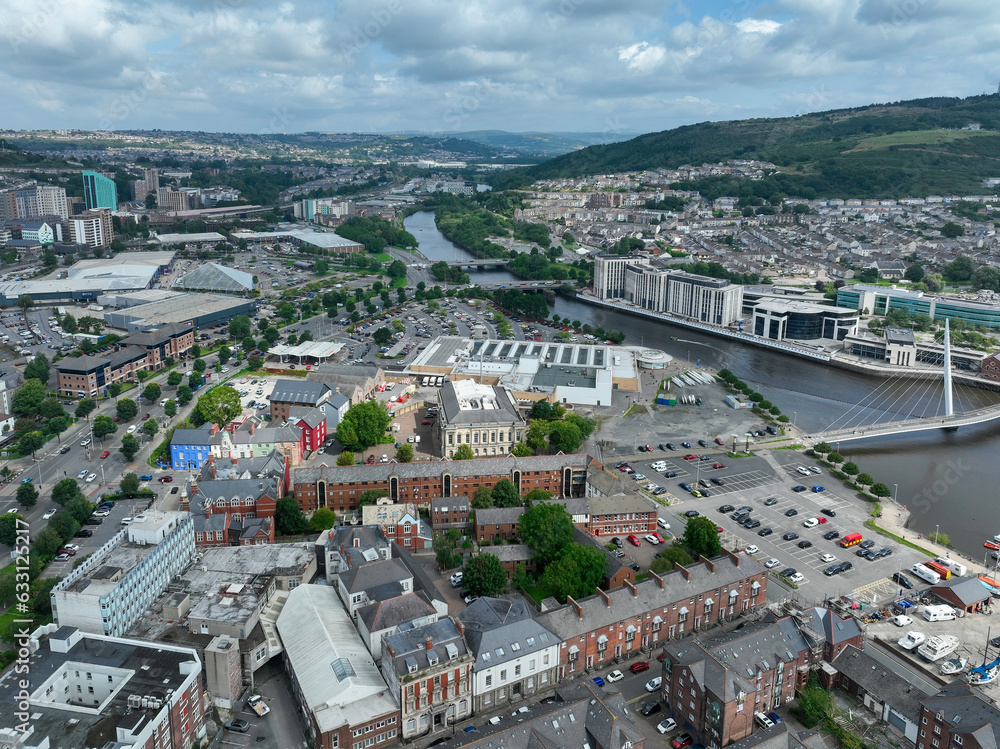 Editorial Swansea, UK - August 04, 2023: Drone view of the River Tawe and the main entrance into Swansea City in South Wales UK taking in the St Thomas area
