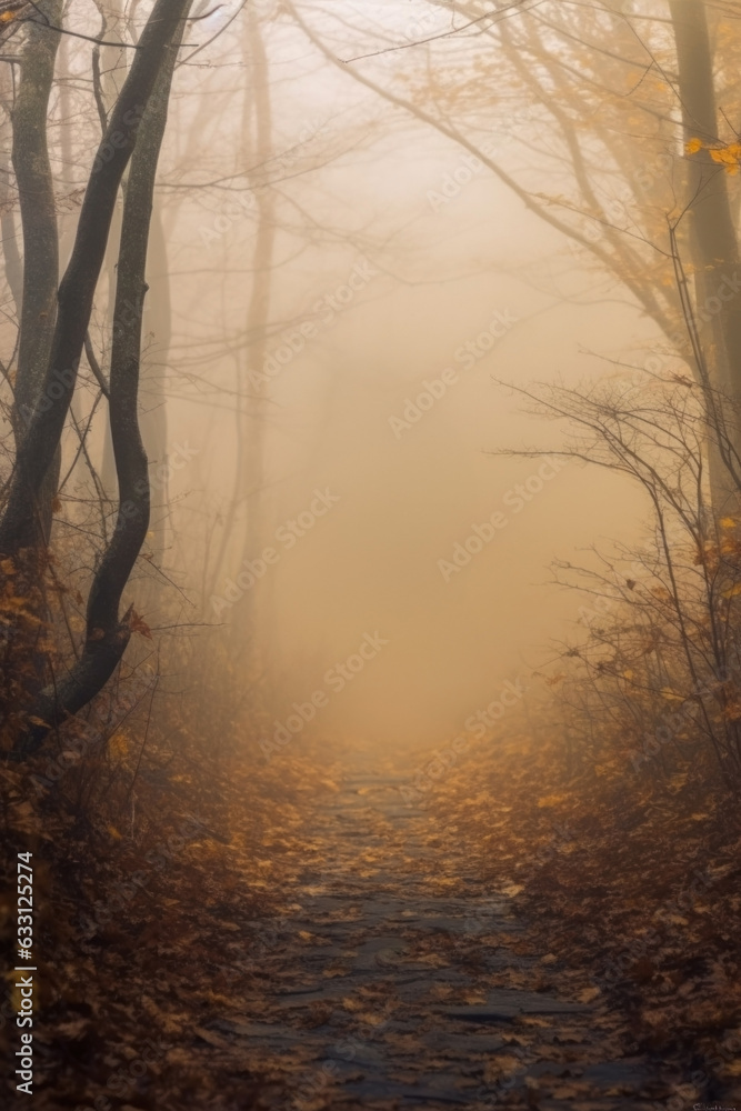 dark orange colored forest with mist and fog. fantasy forest.