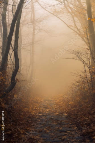 dark orange colored forest with mist and fog. fantasy forest.