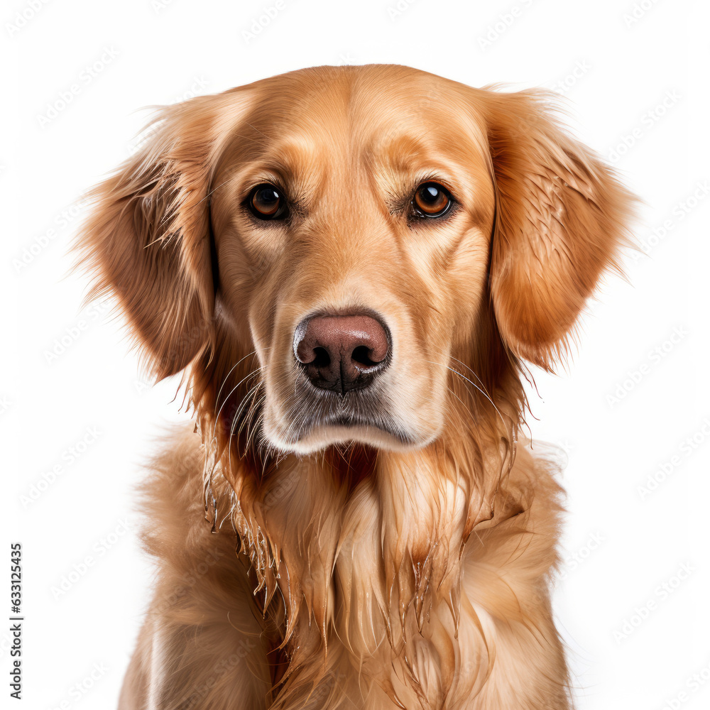 Isolated Golden Retriever Dog with Visibly Sad Expression on White Background