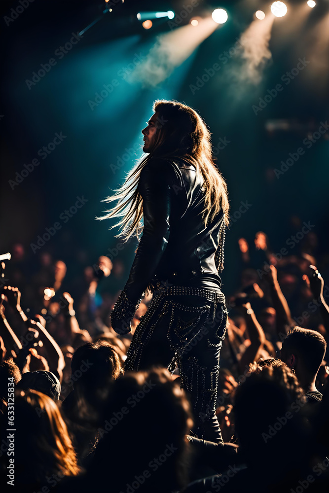 Obraz premium a heavy metal band singer gives his best on a concert stage - generative ai