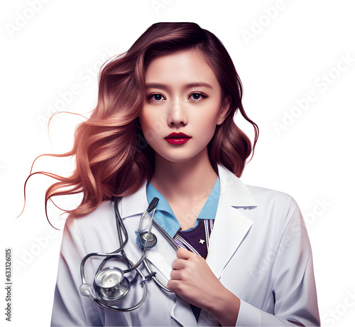 Beautiful Asian doctor posing with a stethoscope around her neck on transparent background.