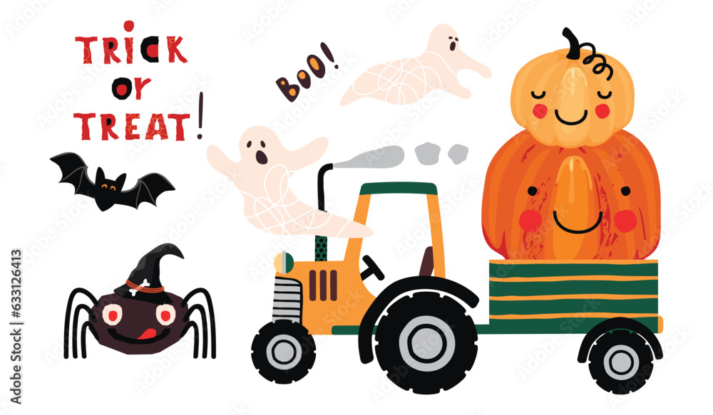 Fototapeta premium Halloween card or banner with tractor and pumpkin.Cartoon cute characters and hand written text.Trick or Treat!Spider, ghosts and bat.Set of colorful objects isolated on white.Vector flat illustration