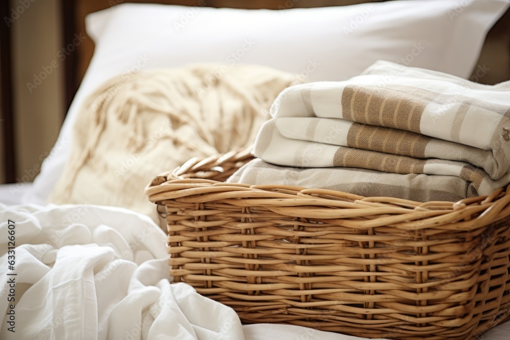 A wicker basket filled with cushions, placed near plaid and textile decorations for the home. A vertical photograph of a neatly folded blanket, freshly washed bedding linens, and cotton sheets - obrazy, fototapety, plakaty 