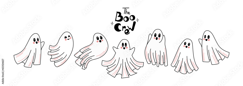 Halloween cute cartoon ghosts set. Flying and smiling ghost spirit, spooky concept, boo crew. Vector illustration isolated on white background Halloween cute cartoon ghosts set. Flying and smiling ghost spirit, spooky concept, boo crew. Vector illustration isolated on white background
