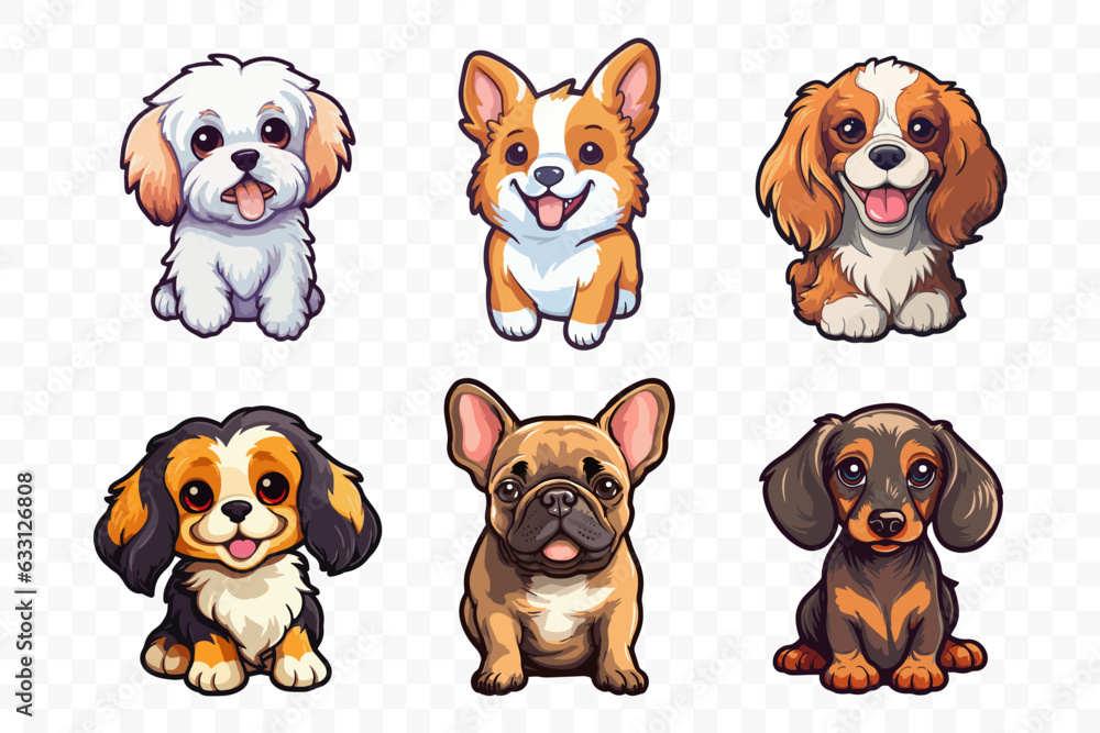 Small breed dogs stickers. Chihuahua, french Bulldog, Cavalier King Charles Spaniel, Welsh Corgi, Papillon dog portrait. Very cute generative ai illustration of toy dog. Small breed dogs stickers. Chihuahua, french Bulldog, Cavalier King Charles Spaniel, Welsh Corgi, Papillon dog portrait. Very cute generative ai illustration of toy dog.