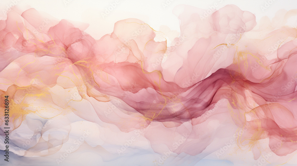 A creative portrayal of an abstract watercolor backdrop, showcasing a delicate fusion of soft pastel pink and blue tones, adorned with sophisticated golden lines. This arrangement 