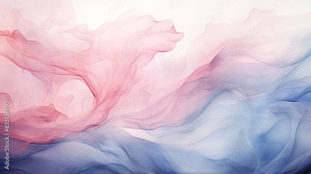 An artistic representation of an abstract watercolor background, featuring a gentle blend of soft pastel pink and blue shades, enriched by elegant golden lines. This composition ev 