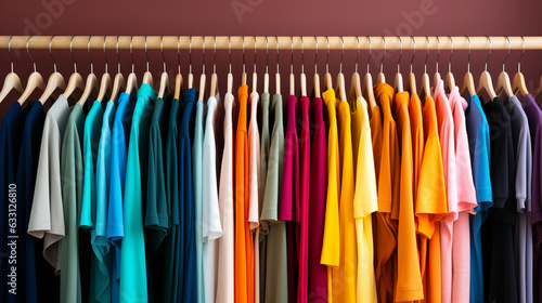 Fashionable attire backdrop - Assorted vibrant t-shirts elegantly displayed on hangers and clothing racks within a retail store.  © Julia
