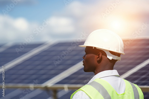 African man wearing safety helmet with solar panel bokeh background. Generative AI photo