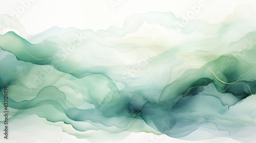An illustrative depiction of an abstract watercolor background  showcasing a tranquil combination of soft pastel green and aquamarine shades  embellished with graceful golden lines 