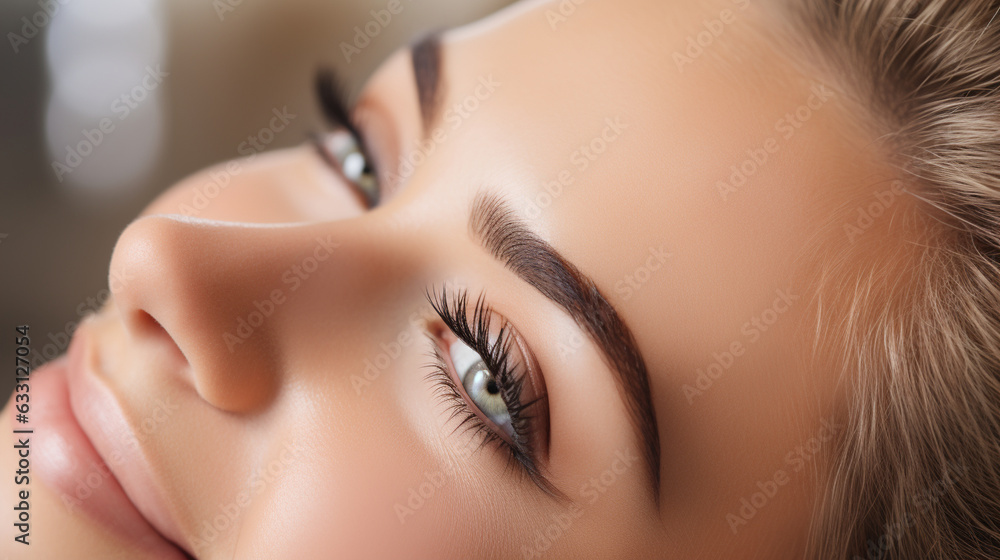 The camera captures a woman's joyful expression as she experiences the thrill of a lash extension procedure, her eyes framed by voluminous, fluttering lashes that enhance her natur  - obrazy, fototapety, plakaty 