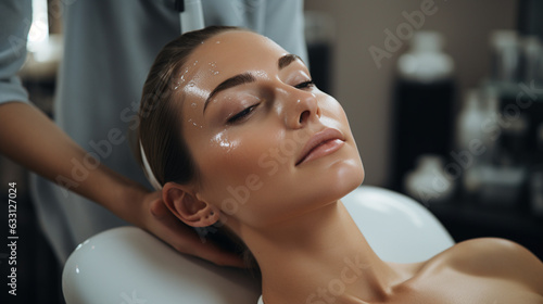 An air of sophistication graces the photo, as a woman is seen receiving a microdermabrasion treatment, her complexion illuminated by the process that gently exfoliates and revitali  photo