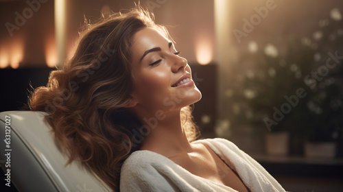 A sense of delight radiates from the picture  as a woman indulges in a hair spa session  her locks treated to a nourishing mask  signifying a commitment to maintaining healthy  bea 