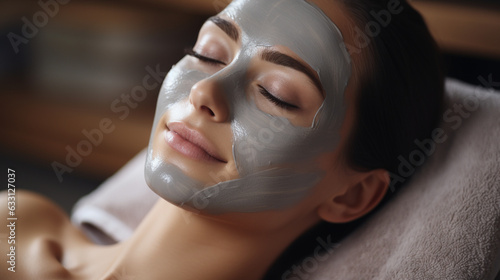Radiant Skin Glow: A snapshot capturing a young woman with rejuvenated and radiant skin, her face adorned with a calming mask during a revitalizing beauty procedure. 